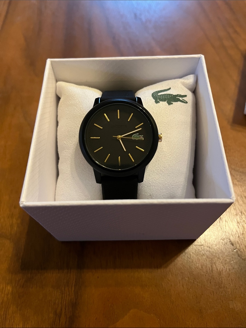 Lacoste Black Women’s Watch with Gold Markers and Green Logo
